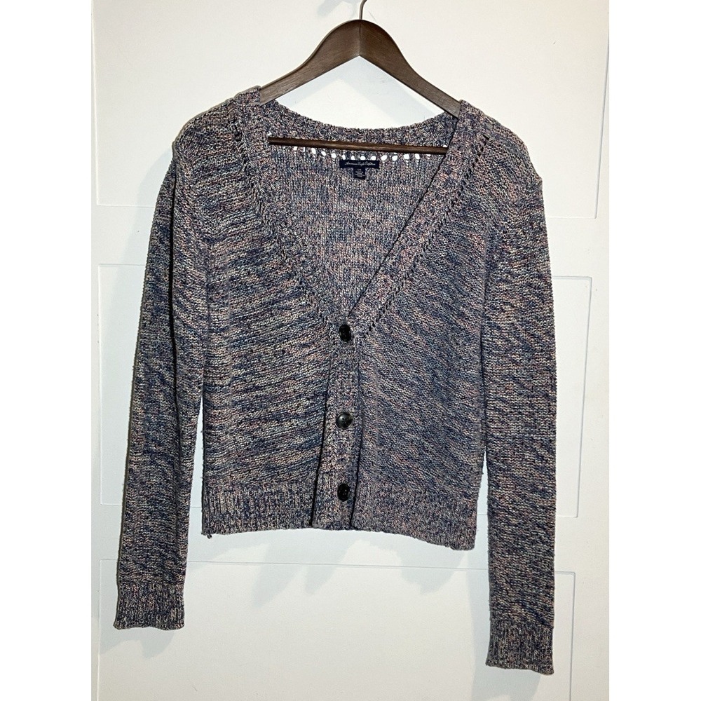 American Eagle Outfitters Women's Large Button Cardigan Blue Pink‎ Knit Preppy